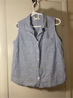 Sleeveless Blue & White Stripe Button-Down Shirt